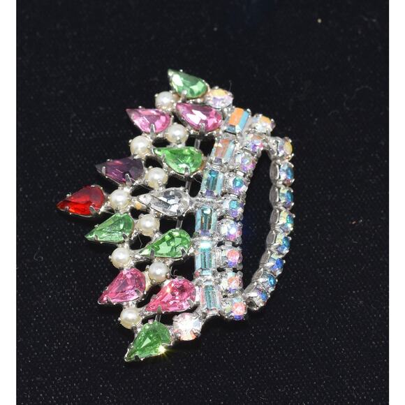 Vintage B. David Aurora Borealis, Peridot, Ruby Rhinestone Crown Brooch Signed - Picture 2 of 6